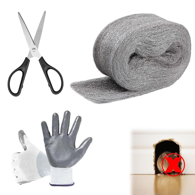 Klfte Steel Wool for Mice Control, 3.2" x12 ft Wool, Gap Filler for Home & Garage, DIY Bundle with Gloves & Scissors - 1 Pack - Image 1